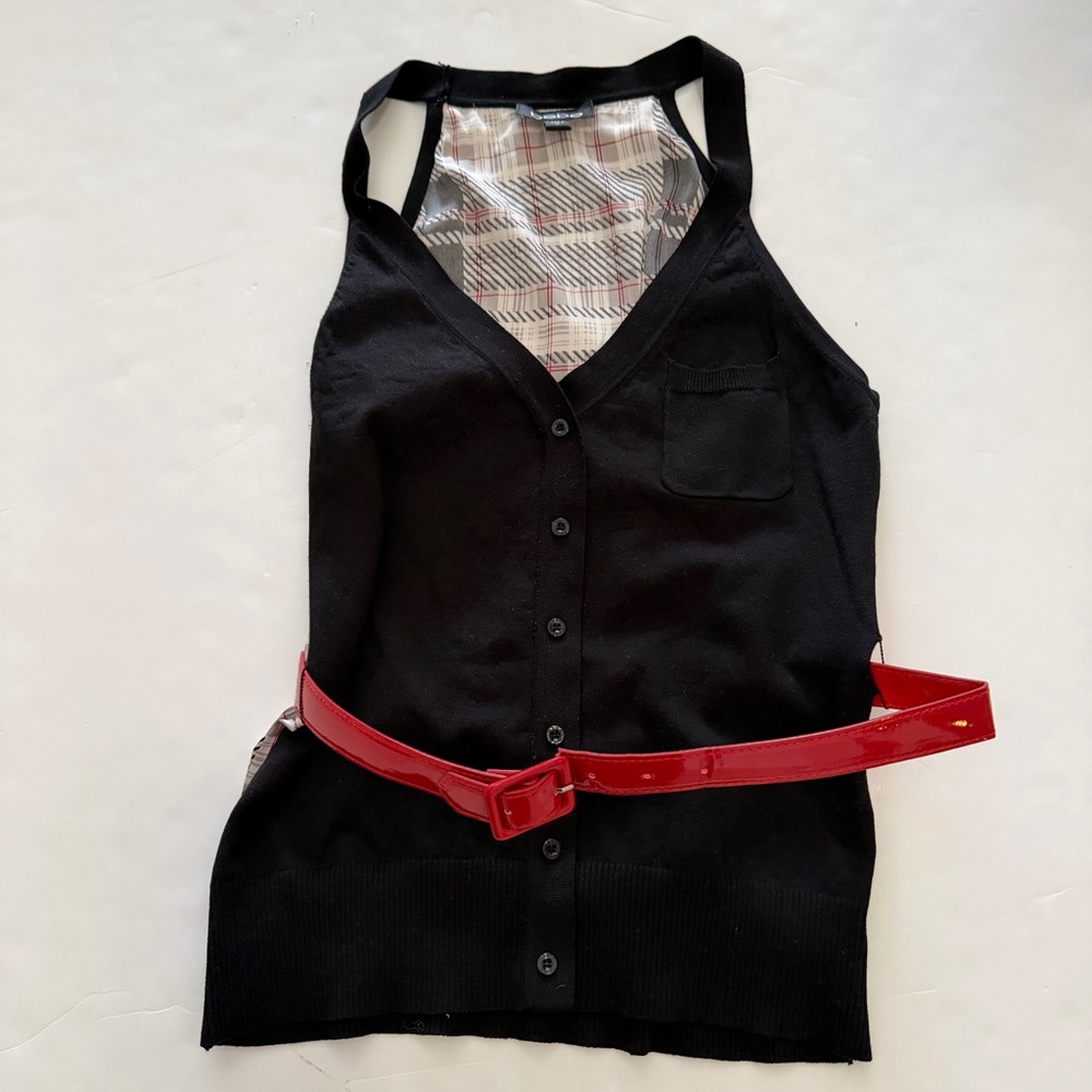 Bebe vintage Black and Red Plaid Detail Belted SilkTop
